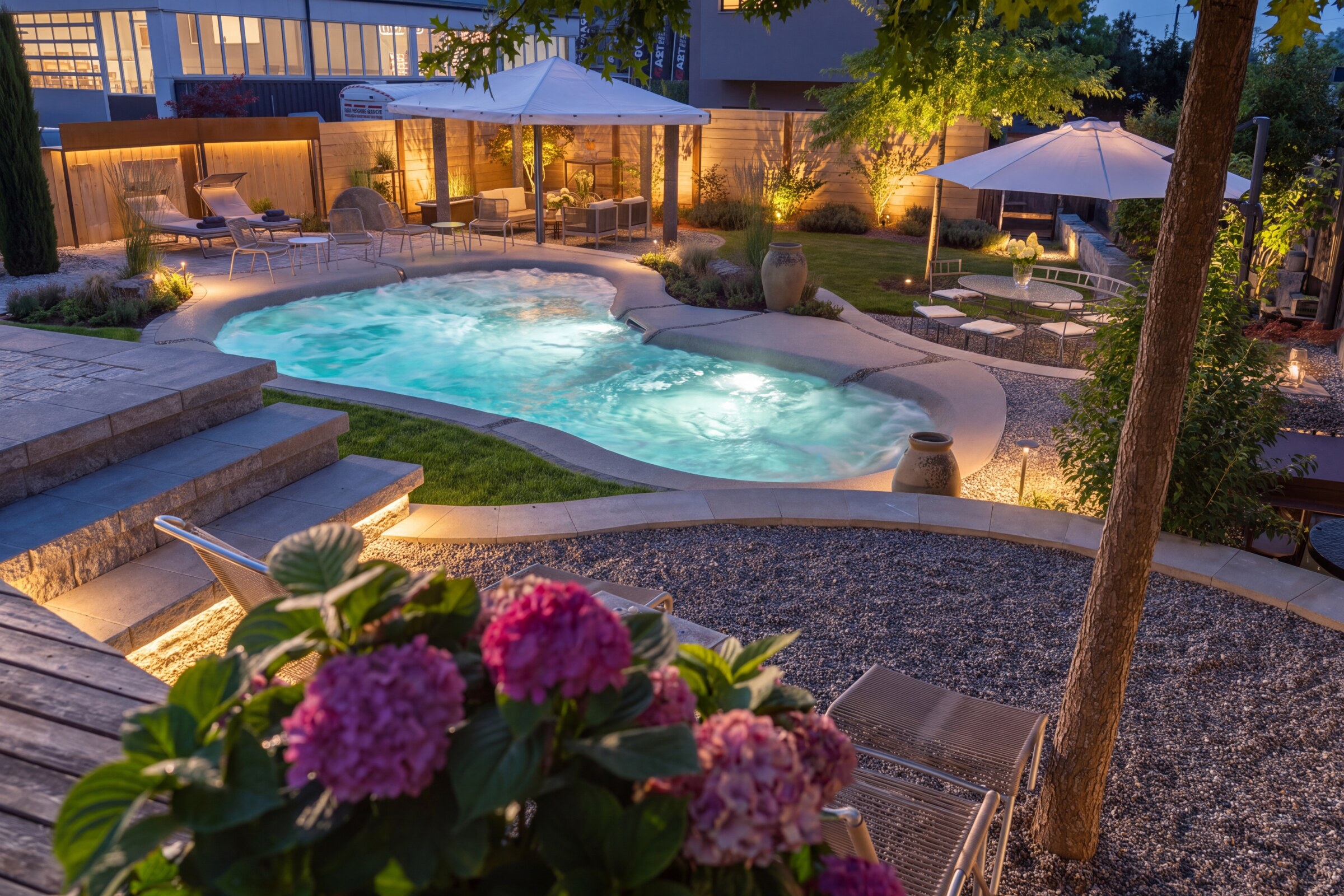 Bio.design Beach-Pool bei Nacht, von Unterwasser-Licht beleuchtet.
