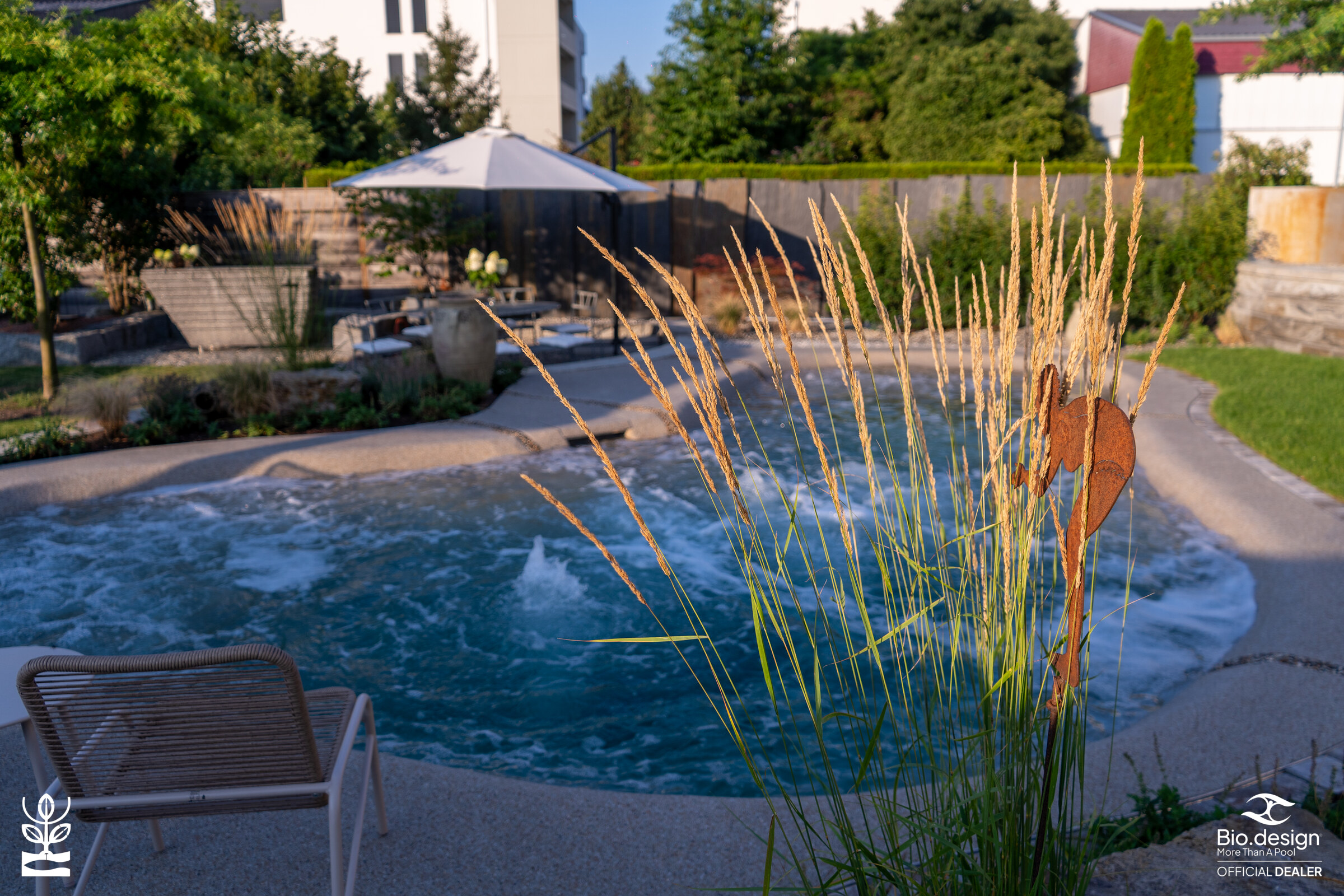 Pool mit Ziergräsern im Vordergrund